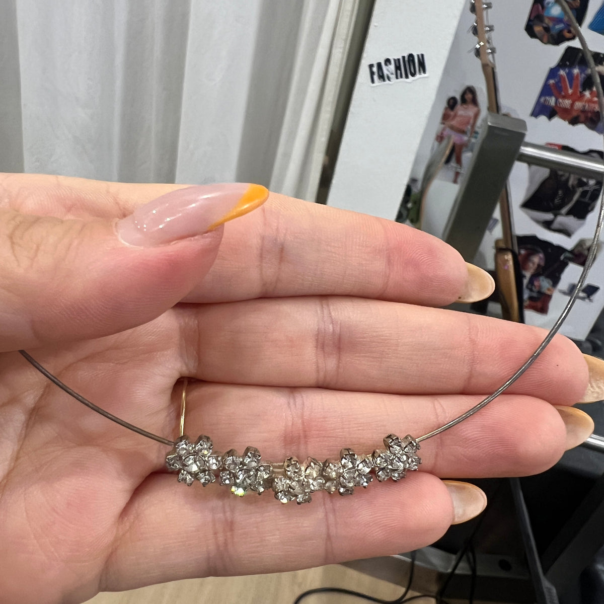 silver wire choker with little rhynestone flowers