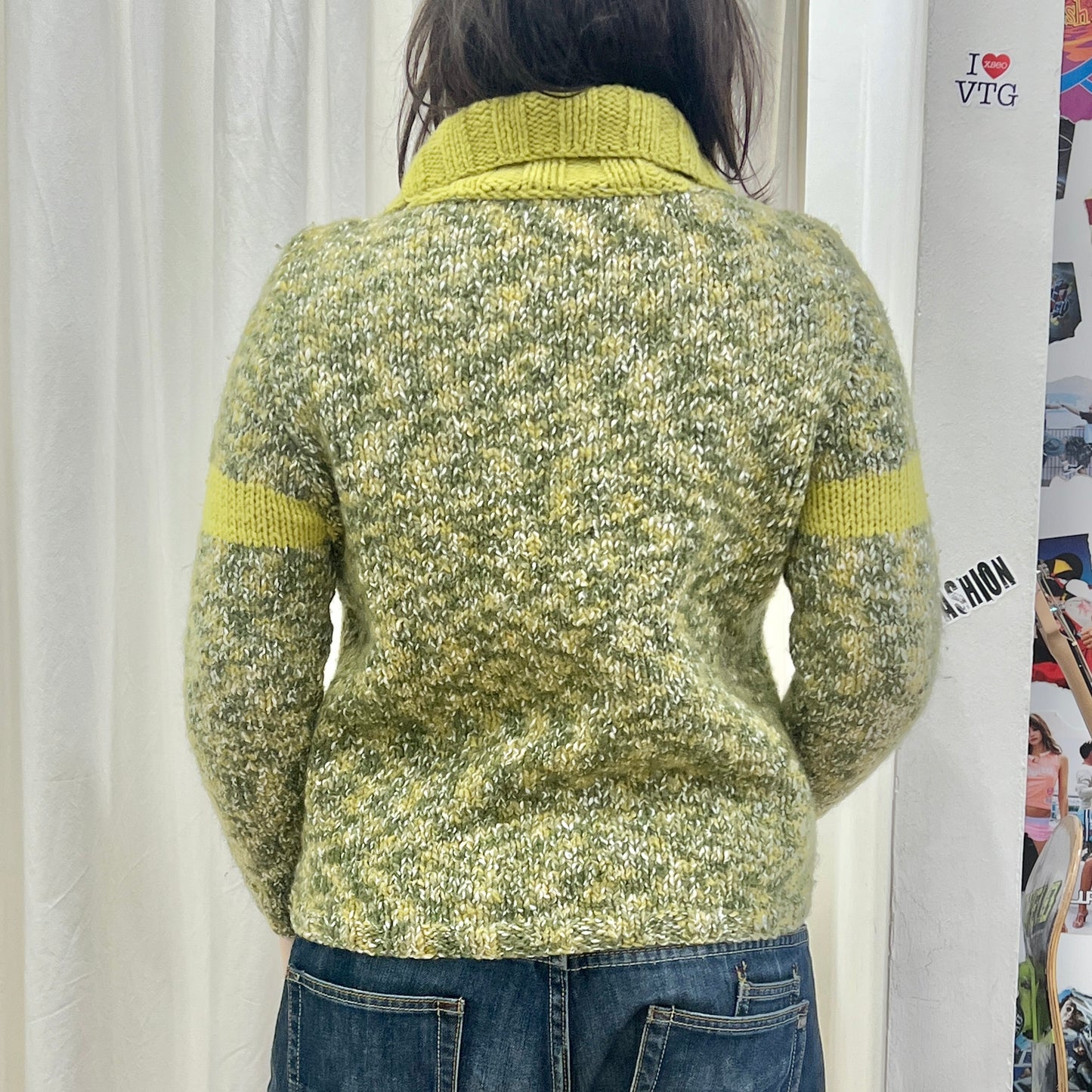 00s green wool knit cardigan with lime pockets and trim