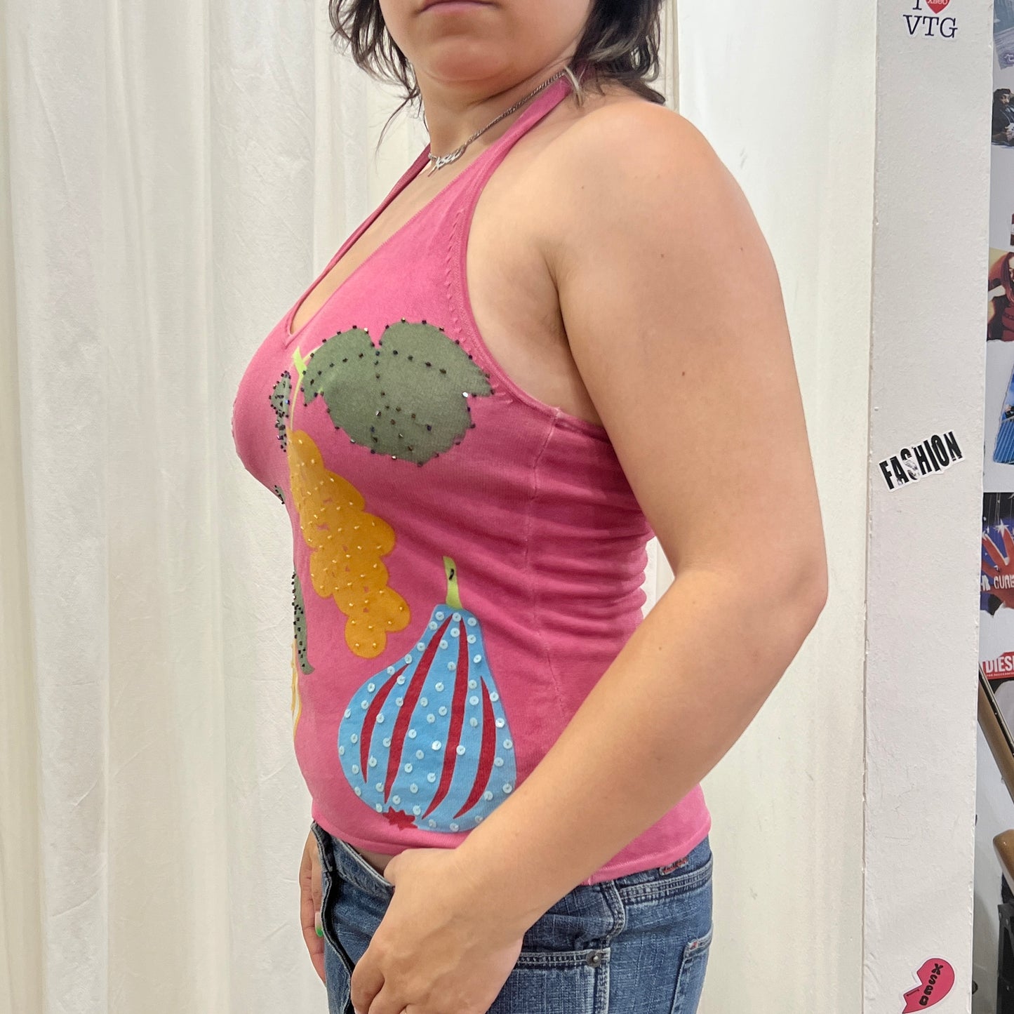 salepepe 00s pink halter top with beaded fruit print