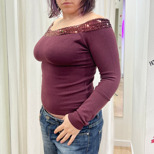 vicky 00s purple wool sweater with sequins off the shoulder trim