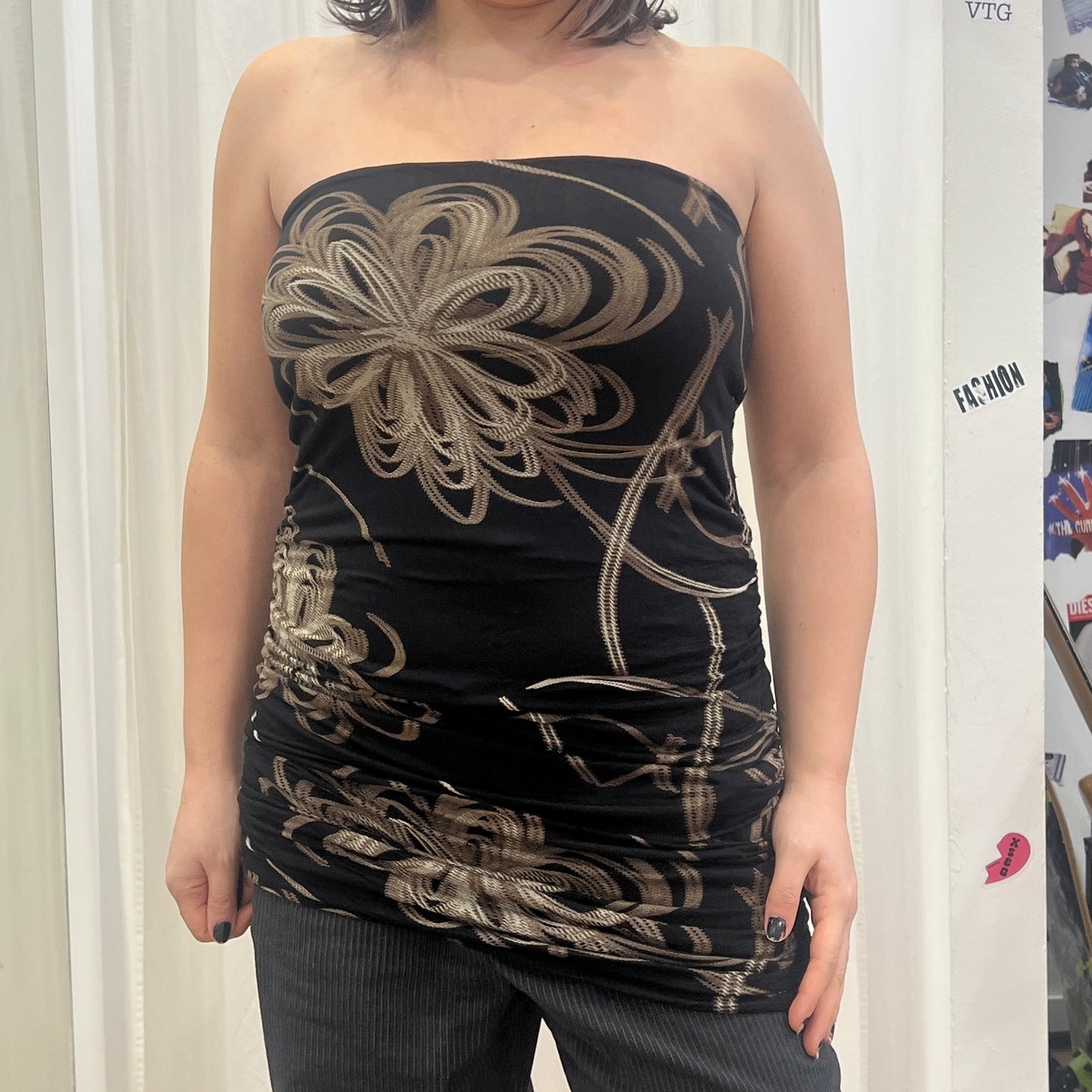 rita bertozzi 00s brown tube sinched bodycon minidress with beige floral print