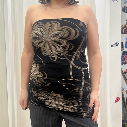 rita bertozzi 00s brown tube sinched bodycon minidress with beige floral print