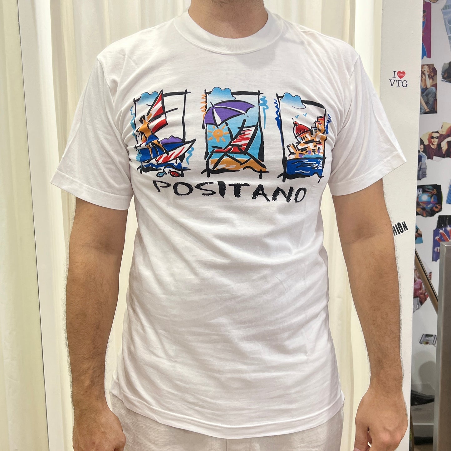 positano white tshirt with beach print