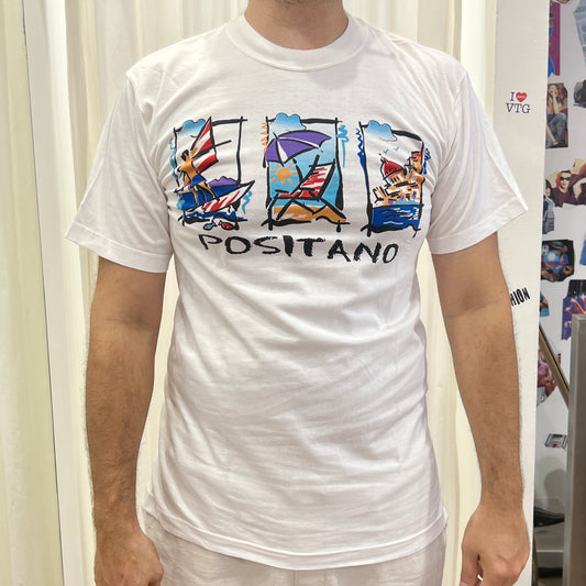 positano white tshirt with beach print