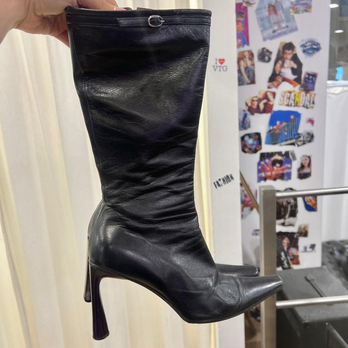 vibram black mid calf high heel leather pointy boots