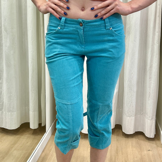 blumarine 00s turquoise corduroy velvet capri pants with rhynestones