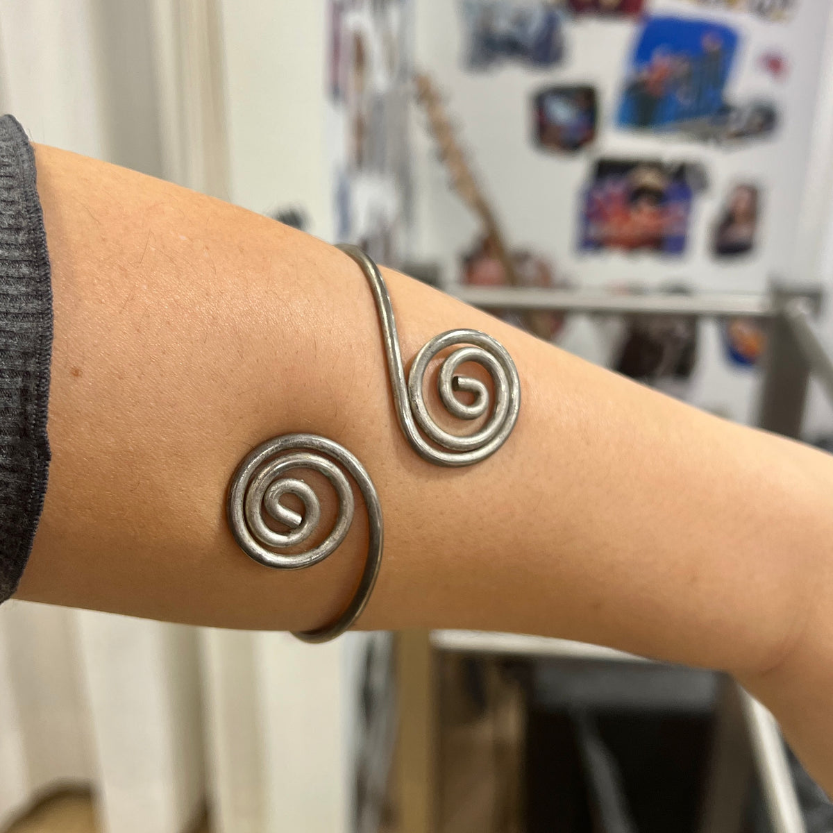silver wire cuff bracelet with round spirals