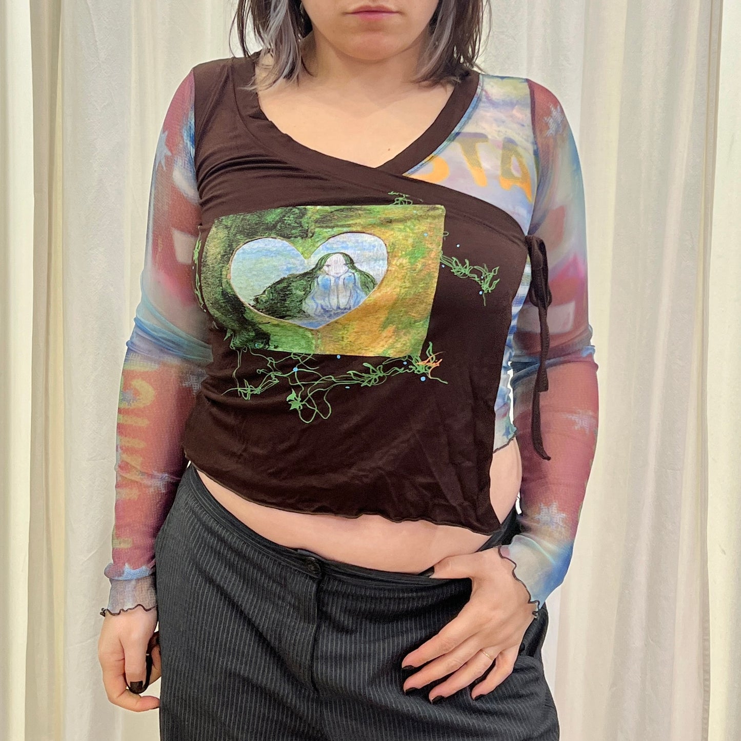 poetiquement votre 00s maroon lettuce hem mesh colorblock long sleeve top