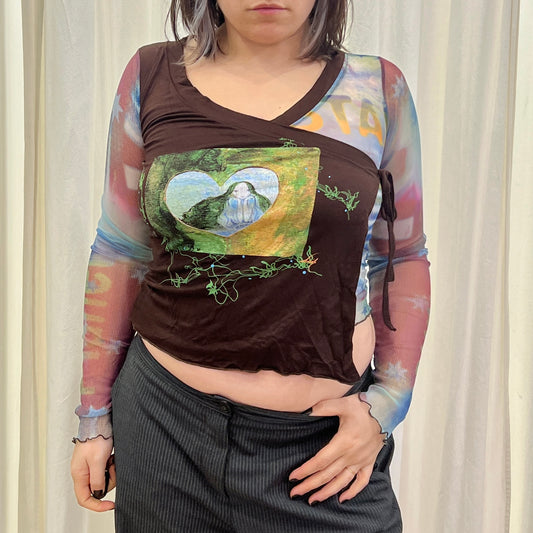 poetiquement votre 00s maroon lettuce hem mesh colorblock long sleeve top