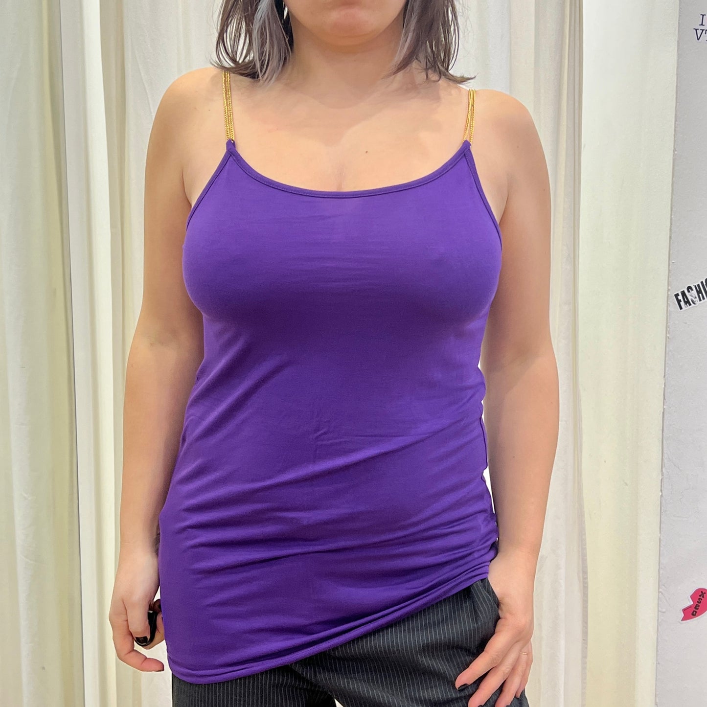 marina babini 00s purple long cami top with gold chain straps
