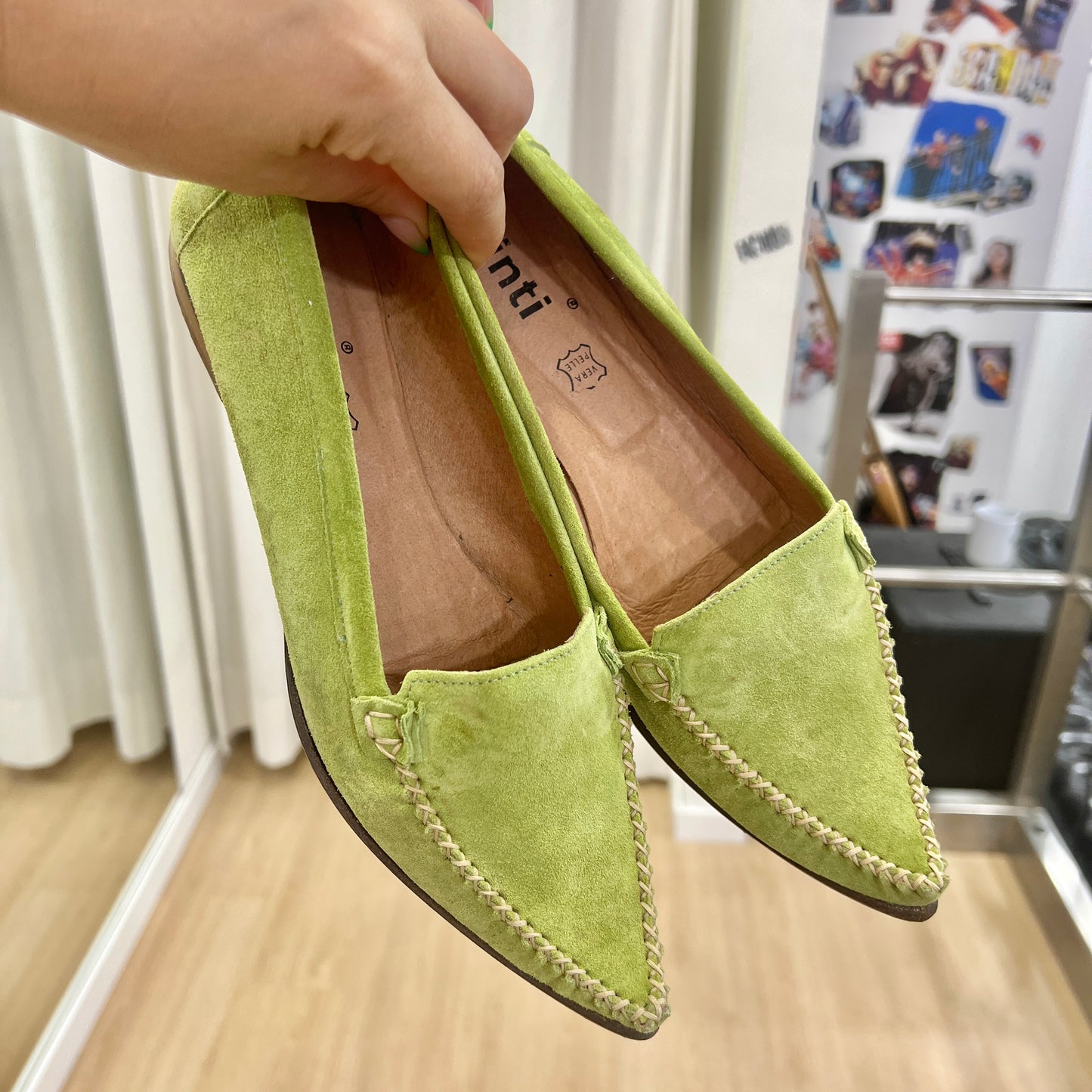 cinti 00s pastel green suede pointed-toe loafers