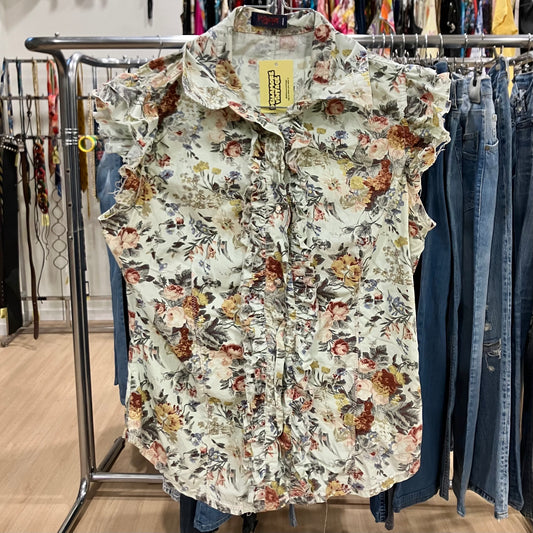 popheart baby blue sleeveless frilled shirt with floral print