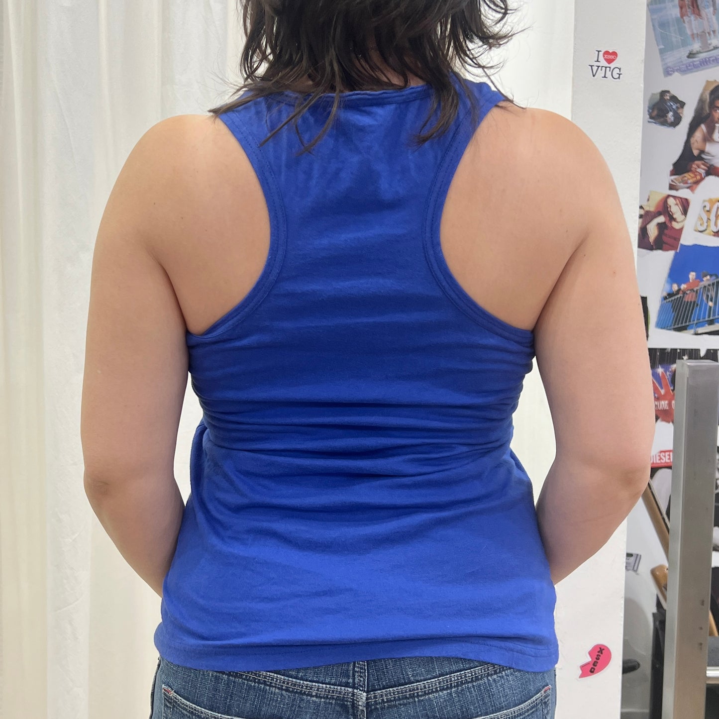 00s blue tank top with multicolor beaded africa patch