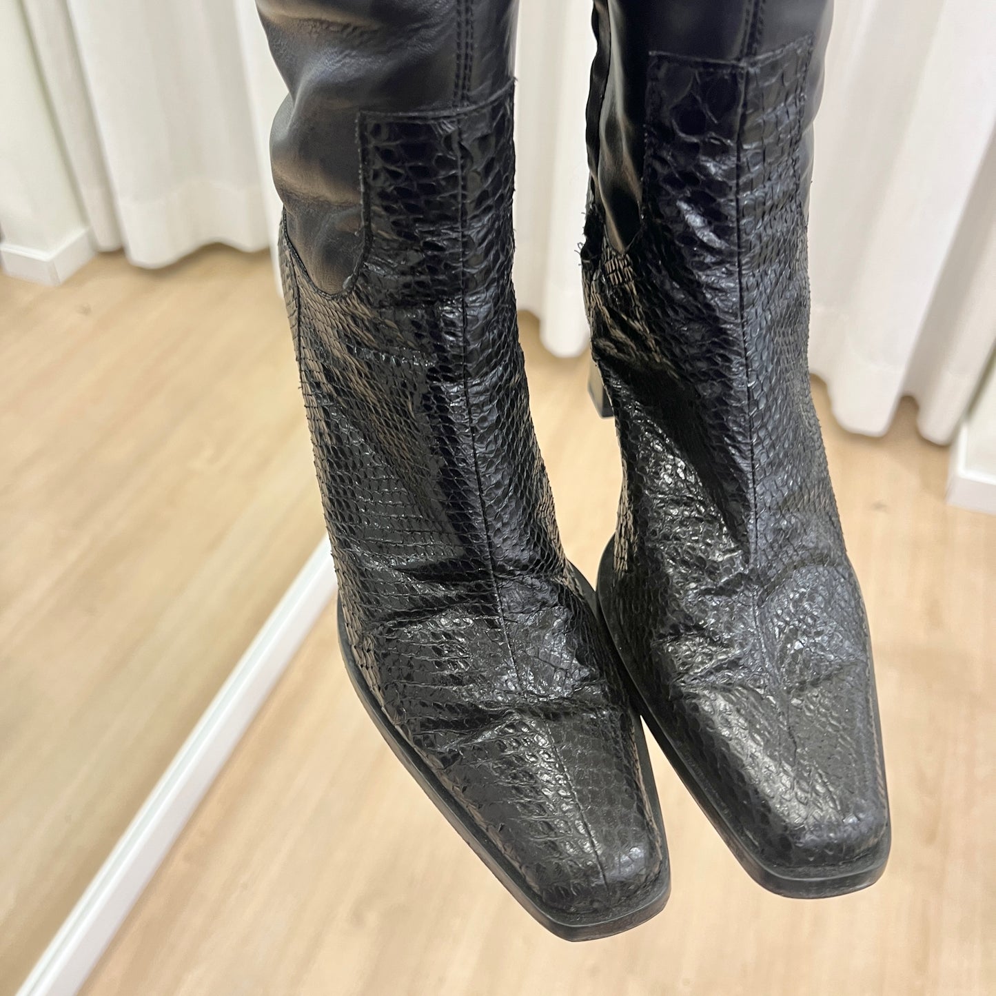 00s black snake print leather square heel knee high boots with fur lining