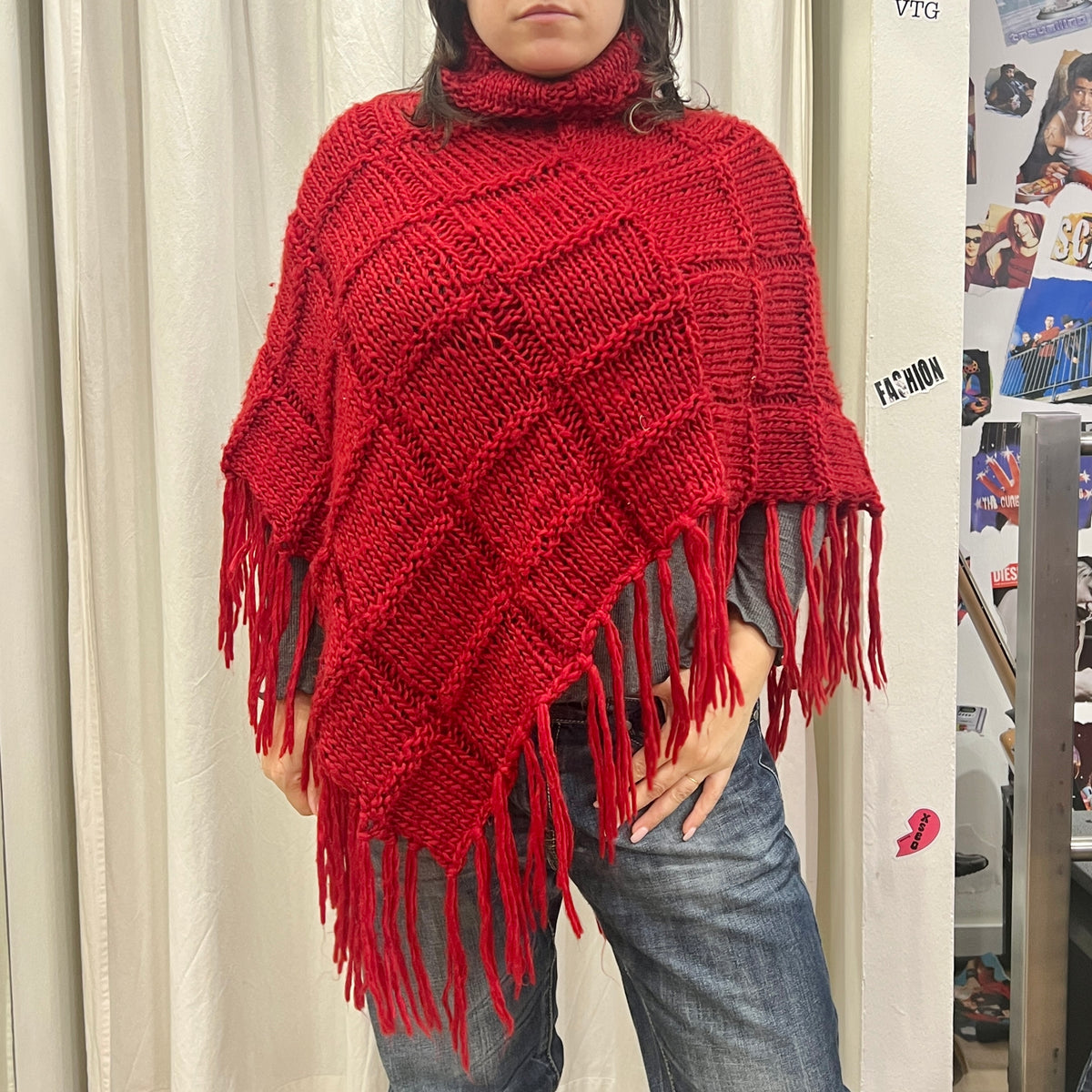 dark red wool knit roll neck poncho with fringes