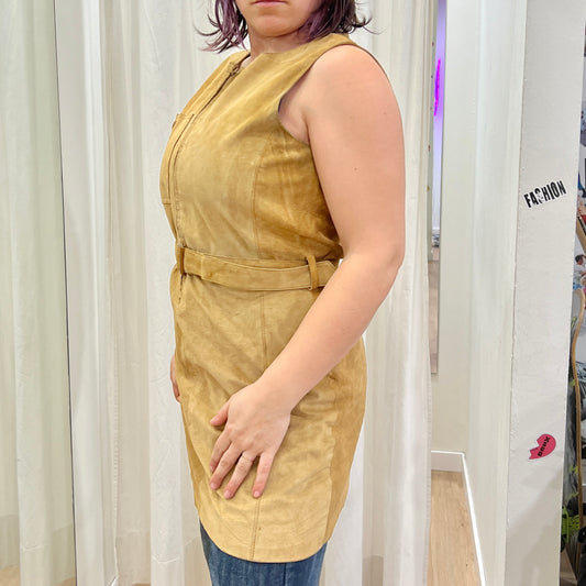 90s tan suede mini sleveless dress with waist belt