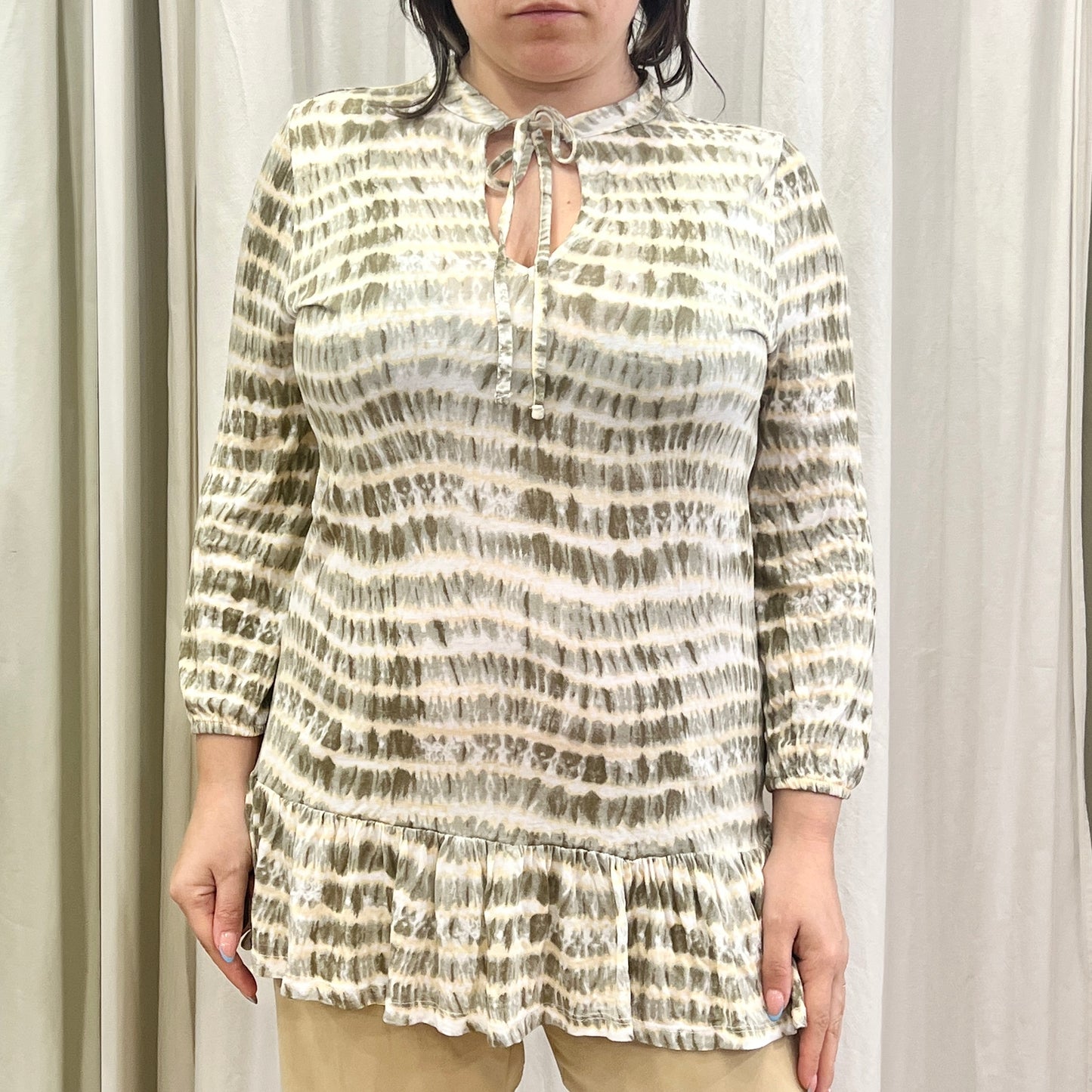 lascana 00s white grey striped tiedye long sleeve dress with frilled trim