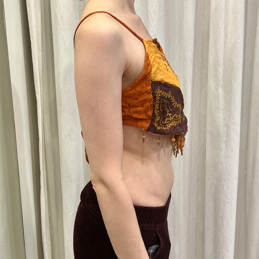 savage culture 00s brown orange patchwork triangle crop top with beaded fringes