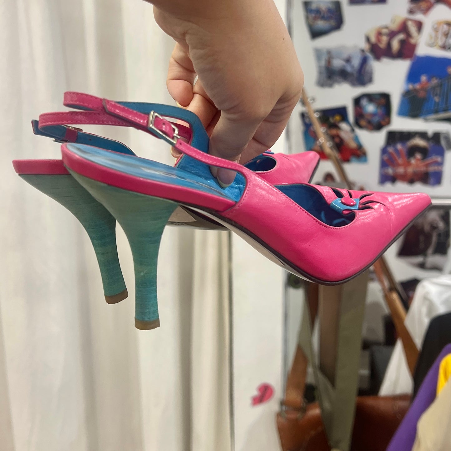 bolero 00s fuchsia blue leather pointy slingback heels