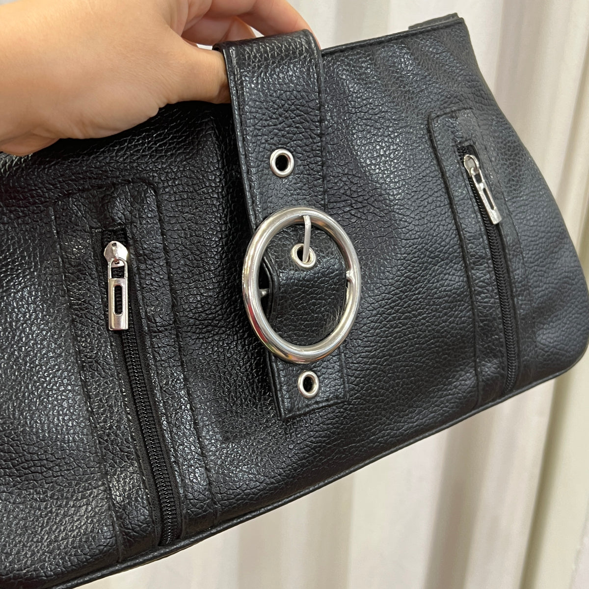 black vegan textured leather shoulder bag