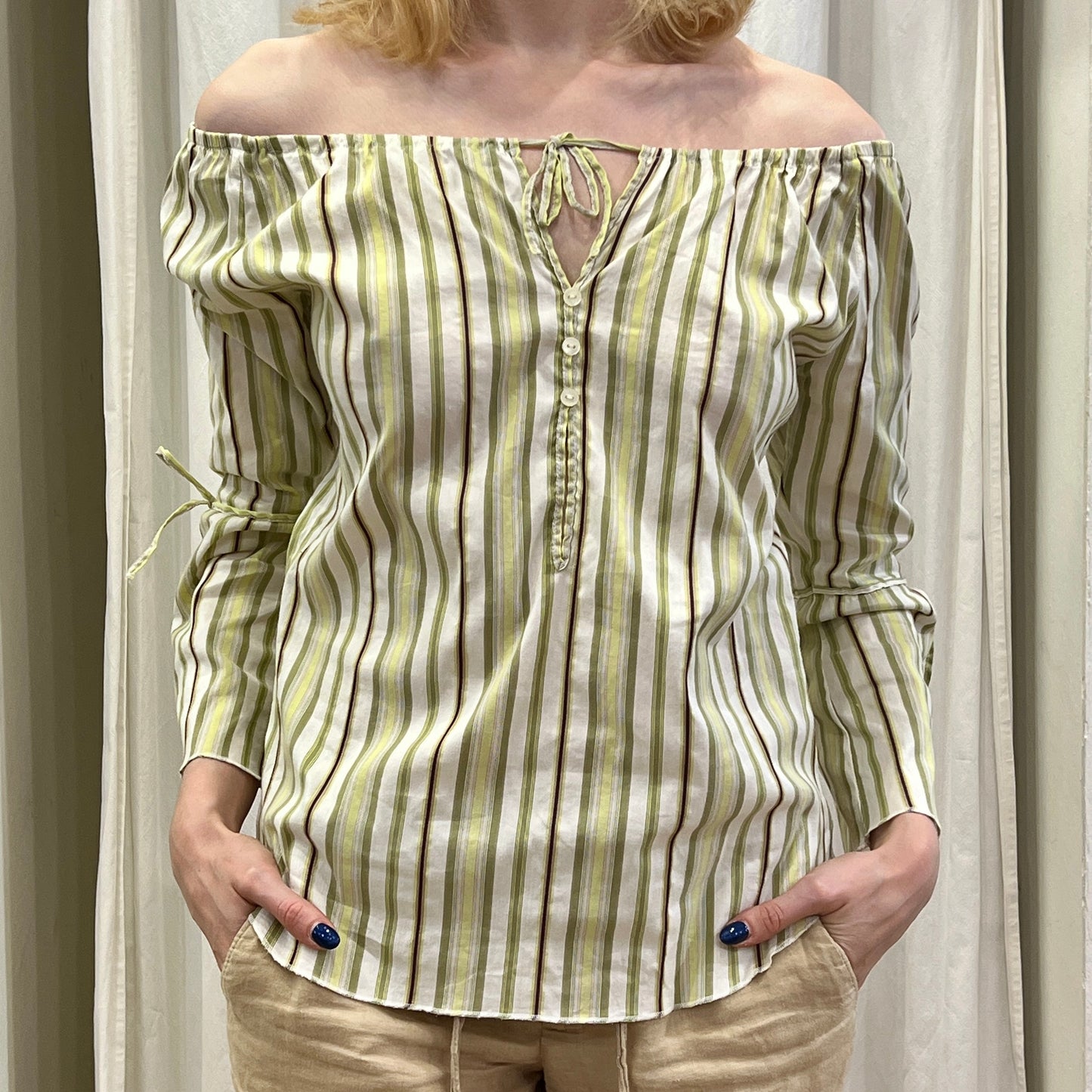 benetton 00s green white striped off the shoulder shirt