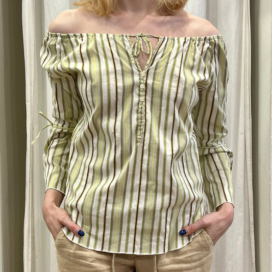 benetton 00s green white striped off the shoulder shirt