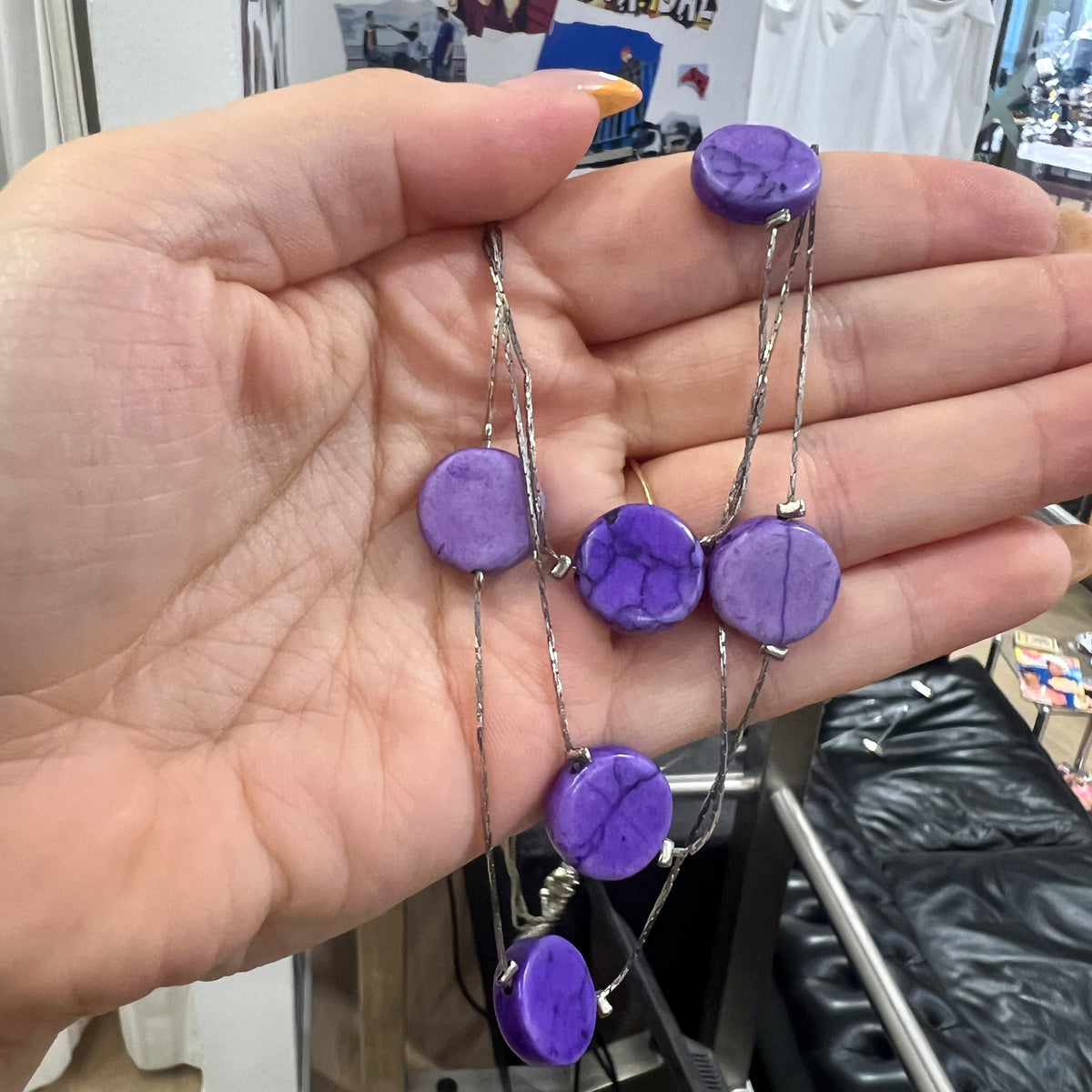 silver chain multi strand necklace with purple marble discs