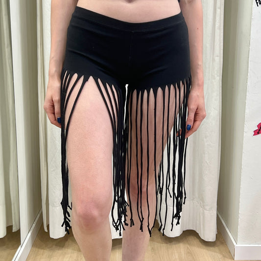 reworked black capri leggings with fringes