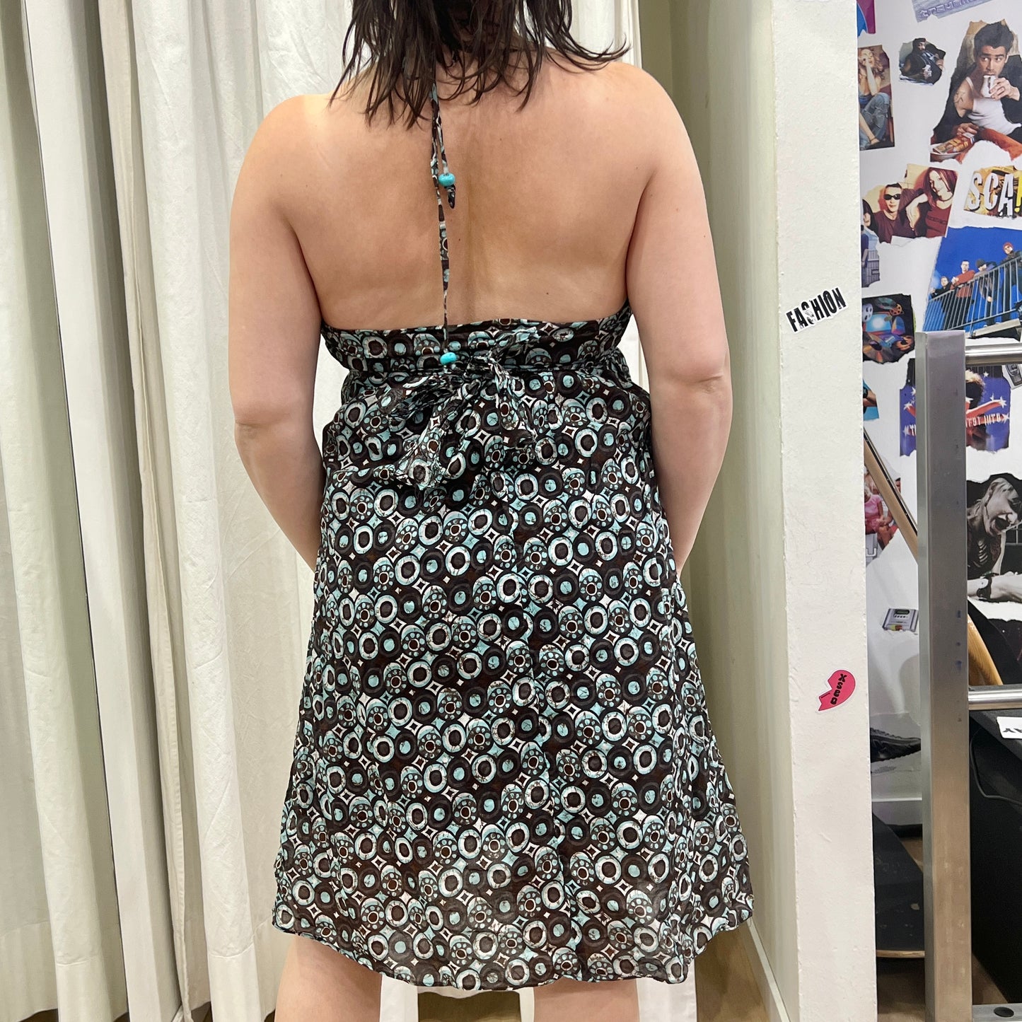motivi 00s brown turquoise geometric print summer halter dress