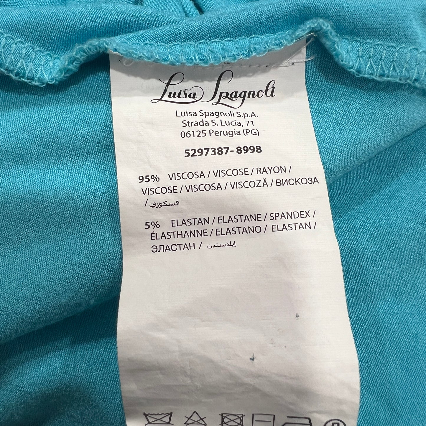 luisa spagnoli 00s blue off the shoulder 3/4 top with gold chain straps
