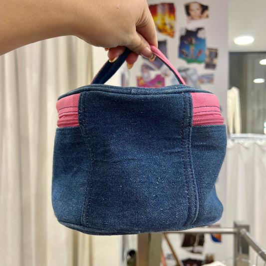 00s dark wash denim round beauty case with pink zipper