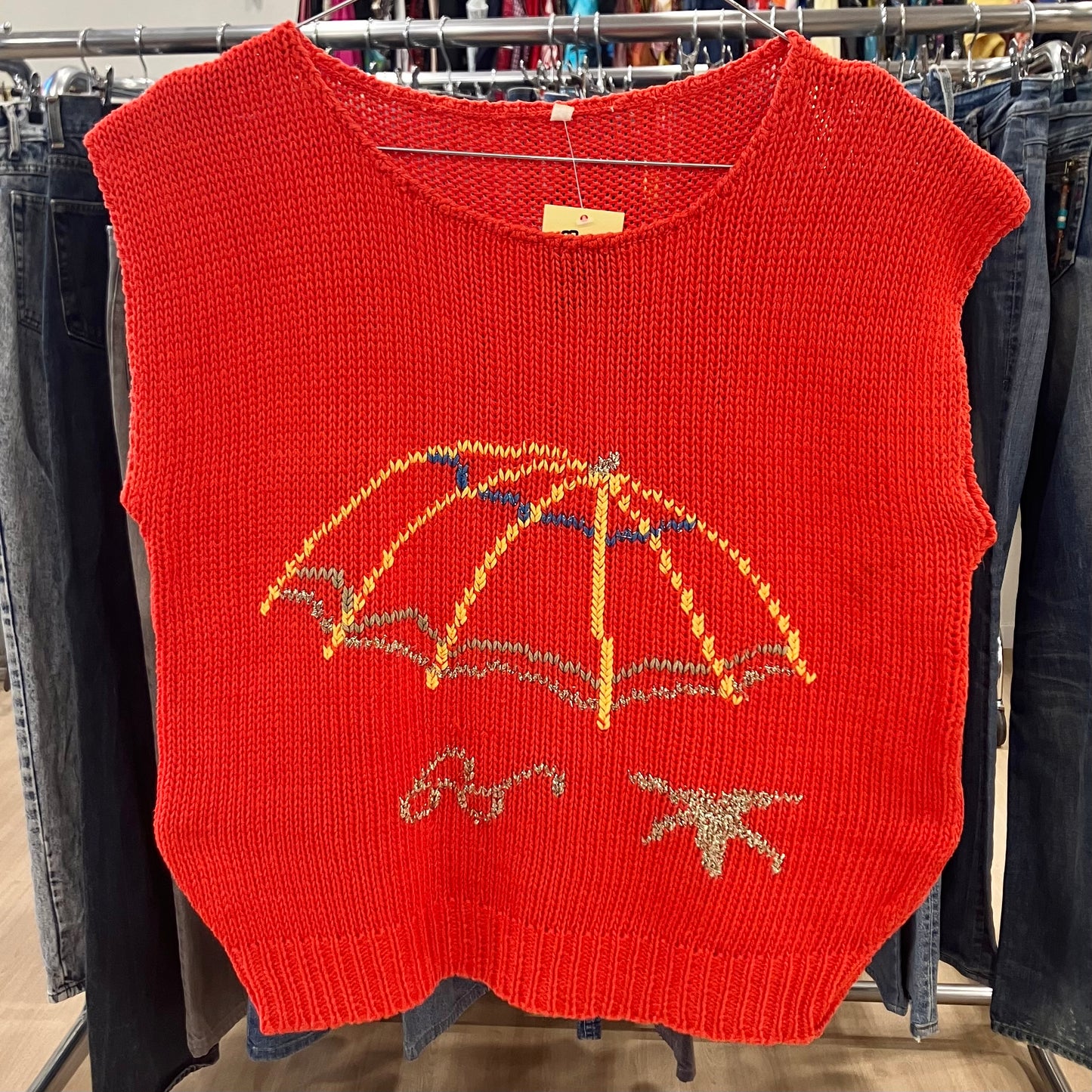 red knit sweater vest with umbrella embroidery