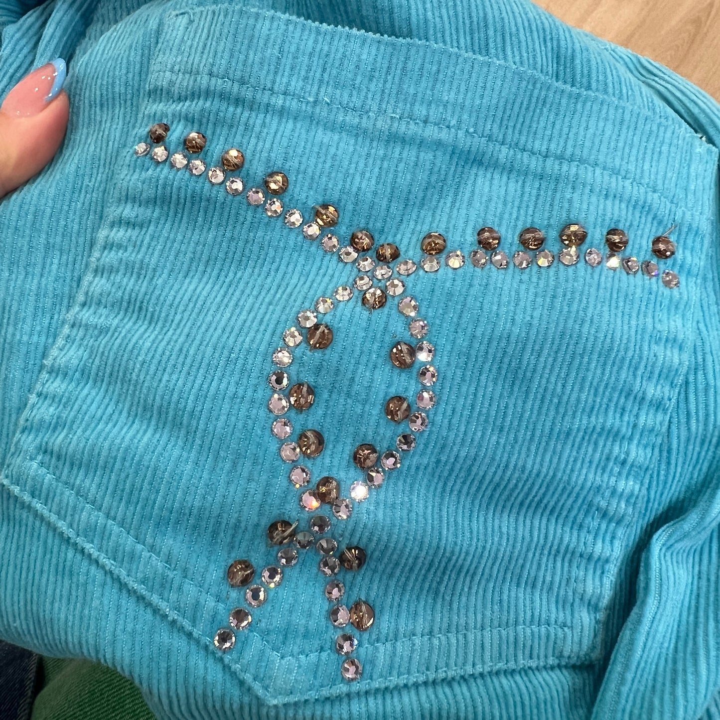 blumarine 00s turquoise corduroy velvet capri pants with rhynestones