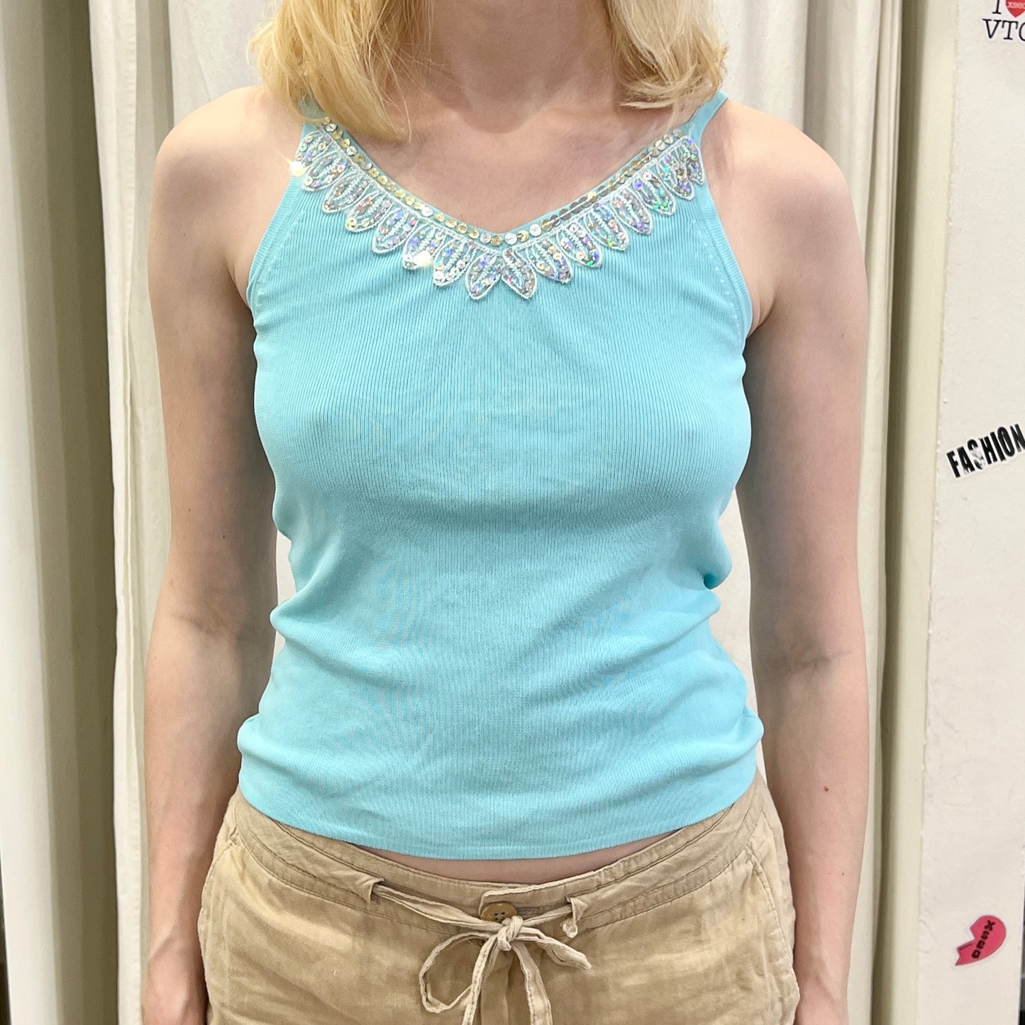 shine girl 00s turquoise ribbed silk blend cami top with beaded v neck