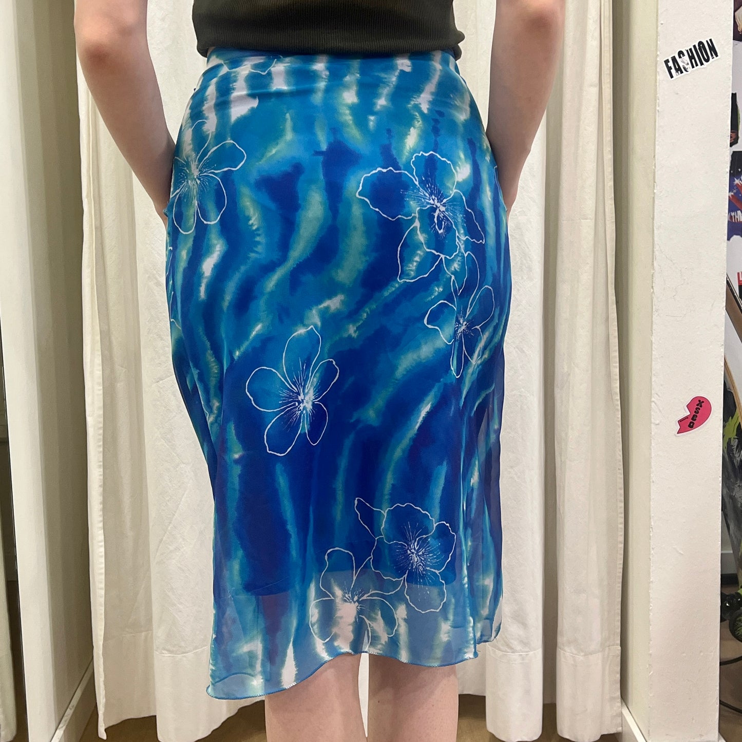 julian keen 00s blue high waisted skirt with hawaiian floral print