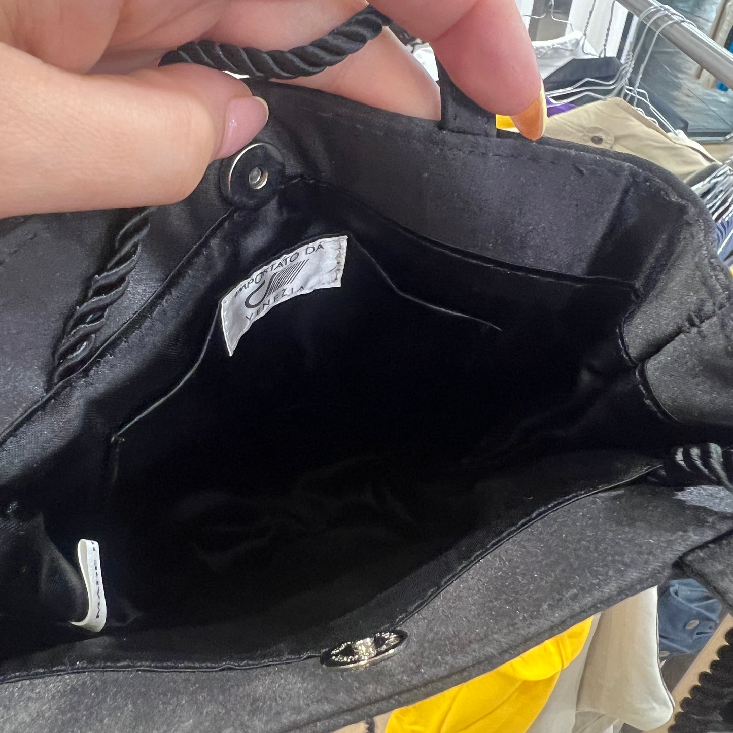 00s mini black satin handbag with floral embroidery and crossbody strap