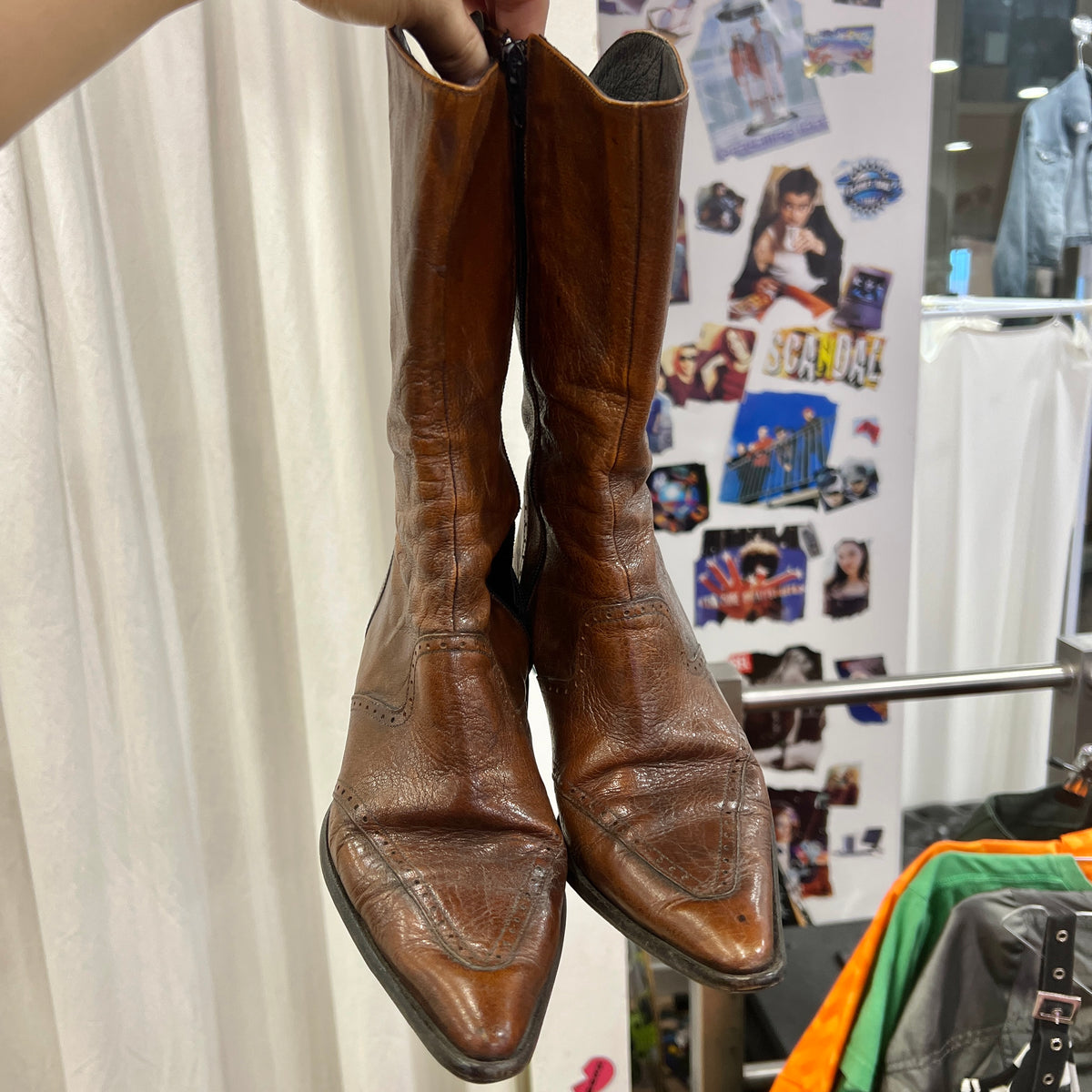 rush brown leather western cowboy mid calf pointy chunky heel boots