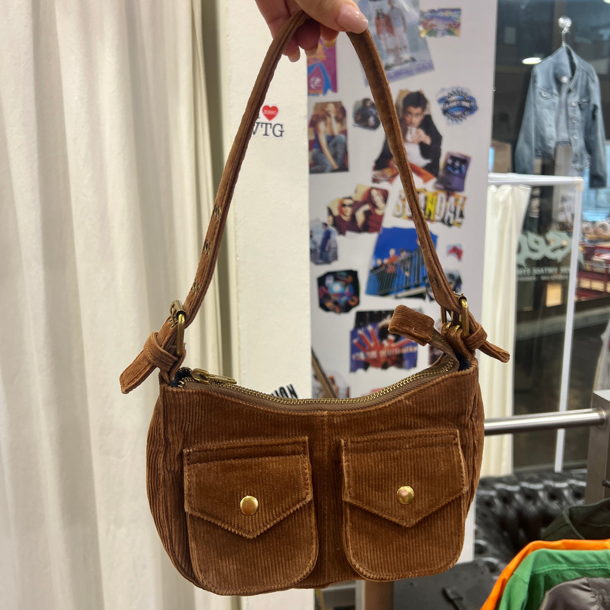 brandy melville brown corduroy mini shoulder bag with pockets