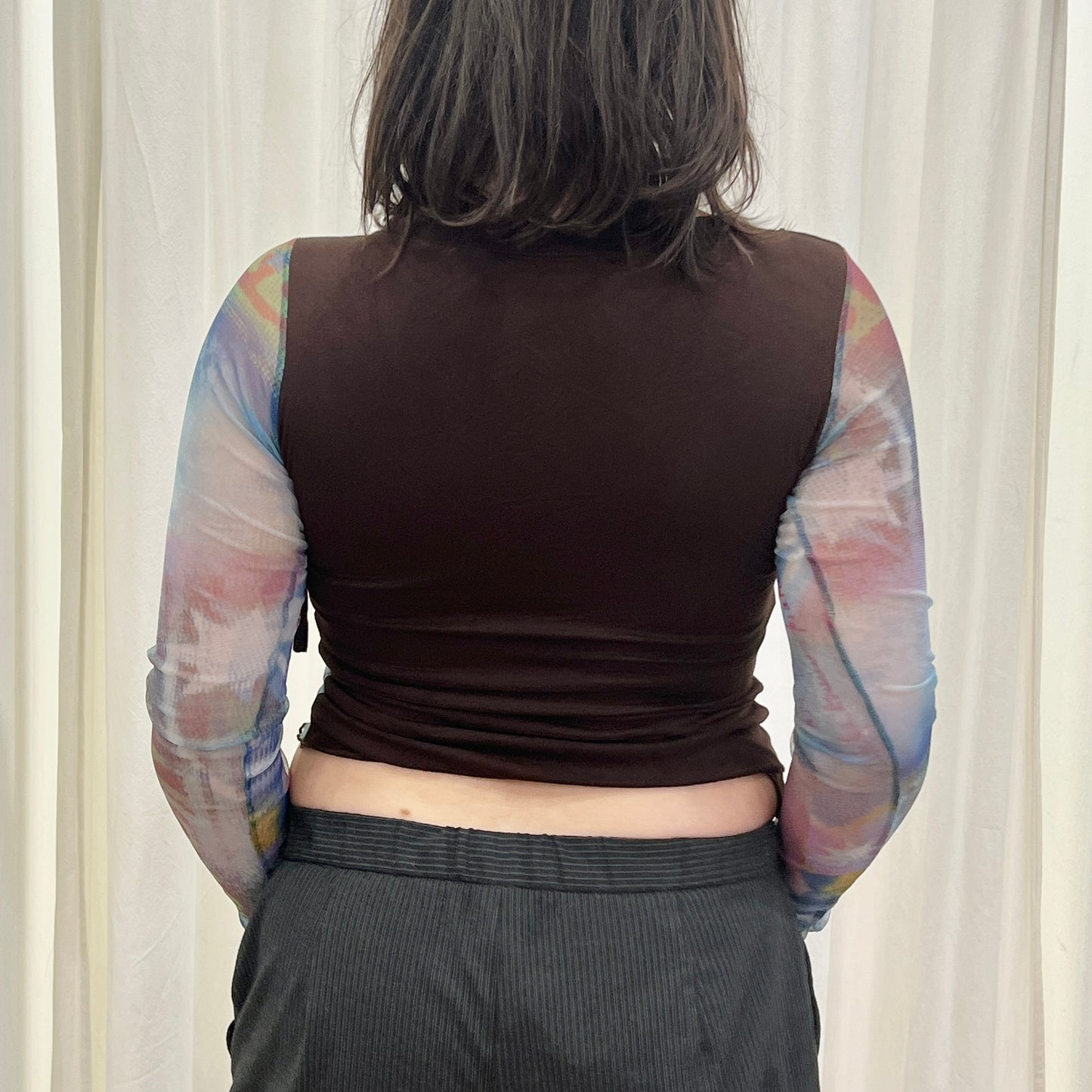 poetiquement votre 00s maroon lettuce hem mesh colorblock long sleeve top