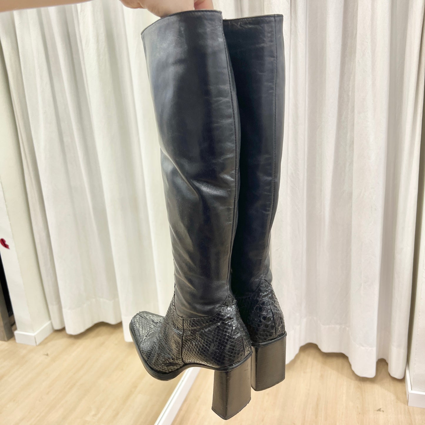 00s black snake print leather square heel knee high boots with fur lining