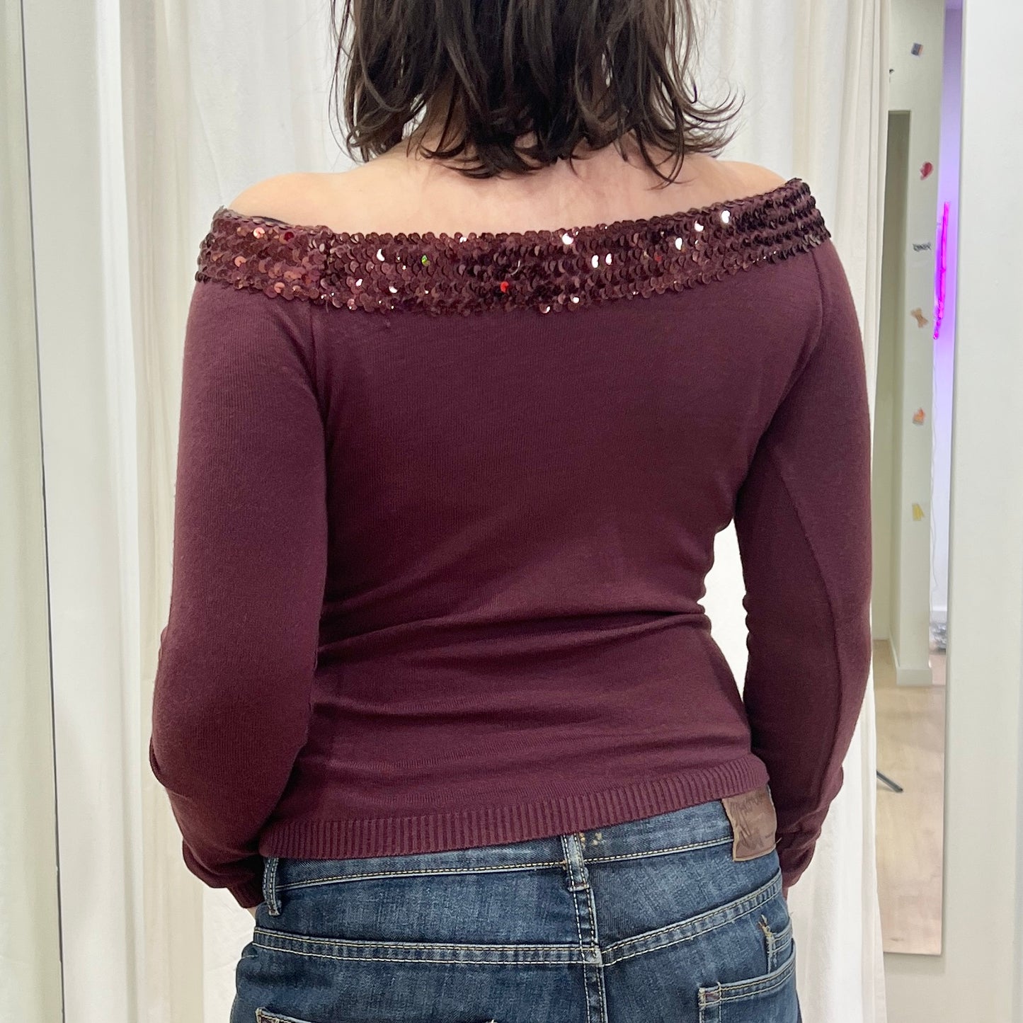 vicky 00s purple wool sweater with sequins off the shoulder trim