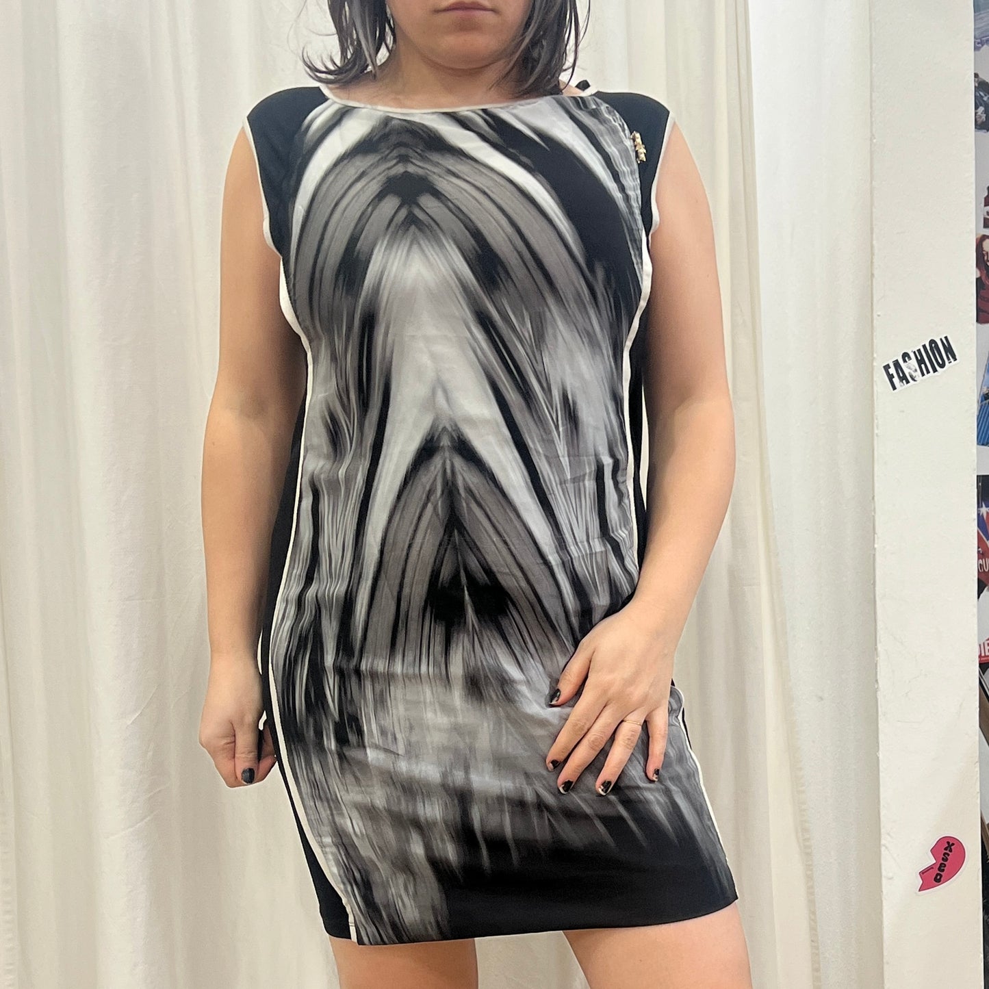 koralline '10s black white sleeveless minidress with draped open back