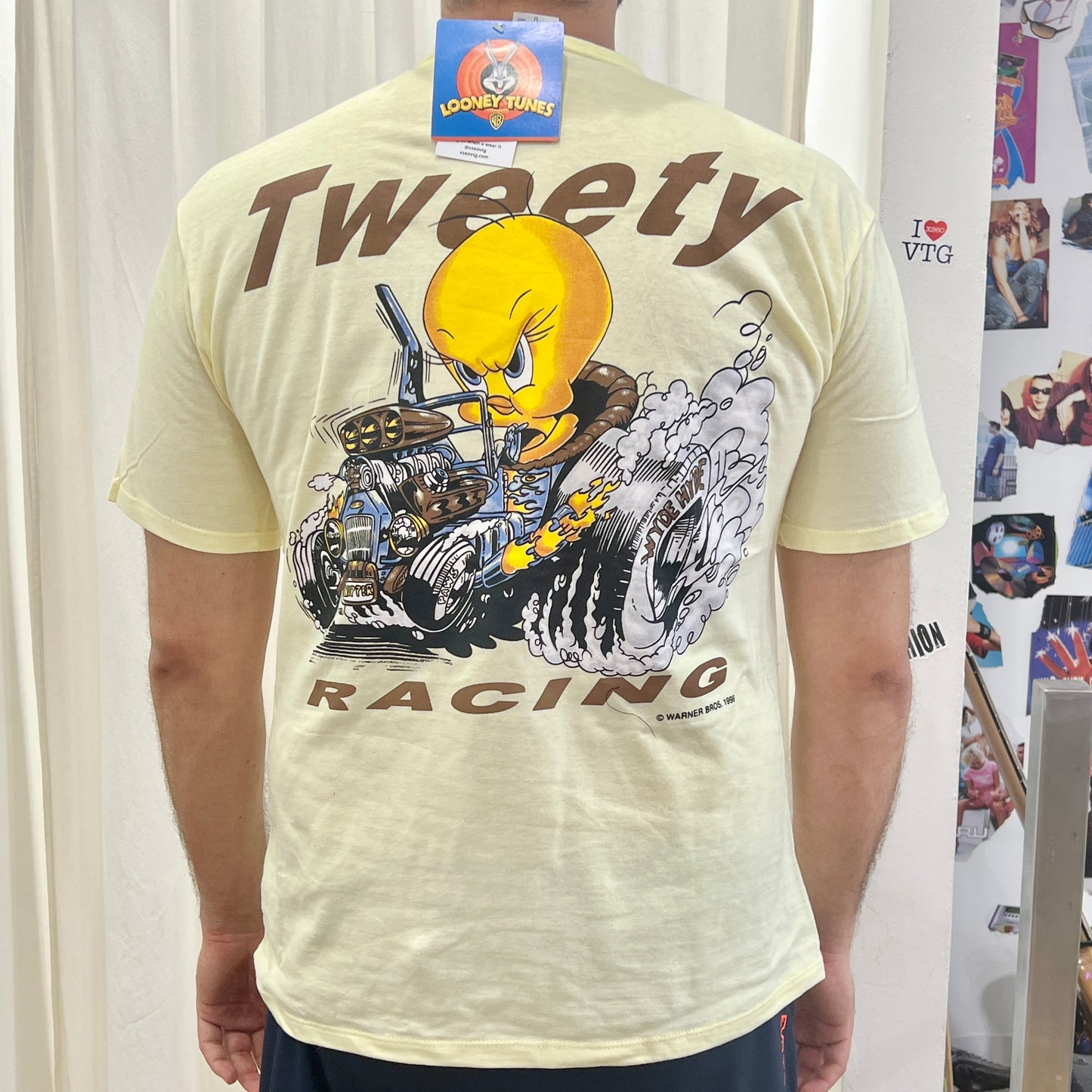 looney tunes 1998 pastel yellow tweety racing power tshirt