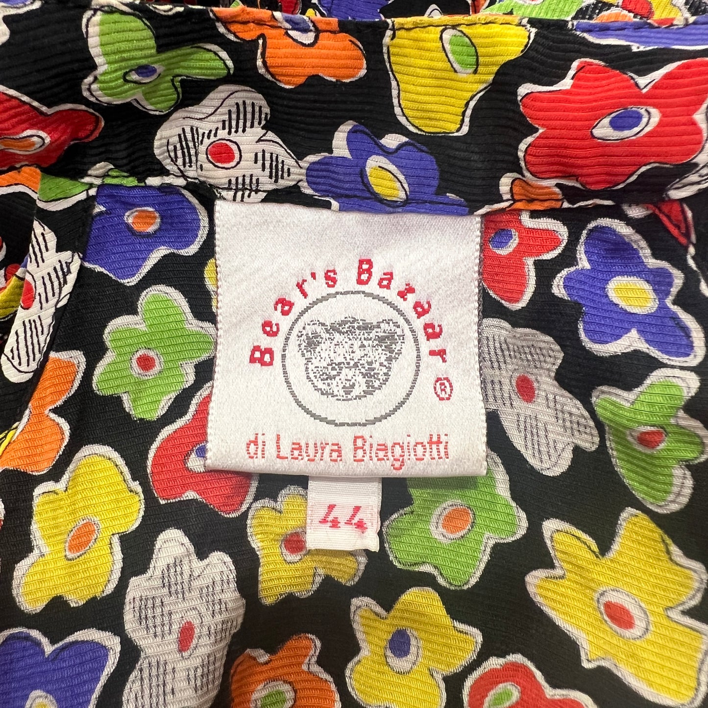 laura biagiotti bear's bazaar 90s black silk sleeveless shirt with colorful floral print