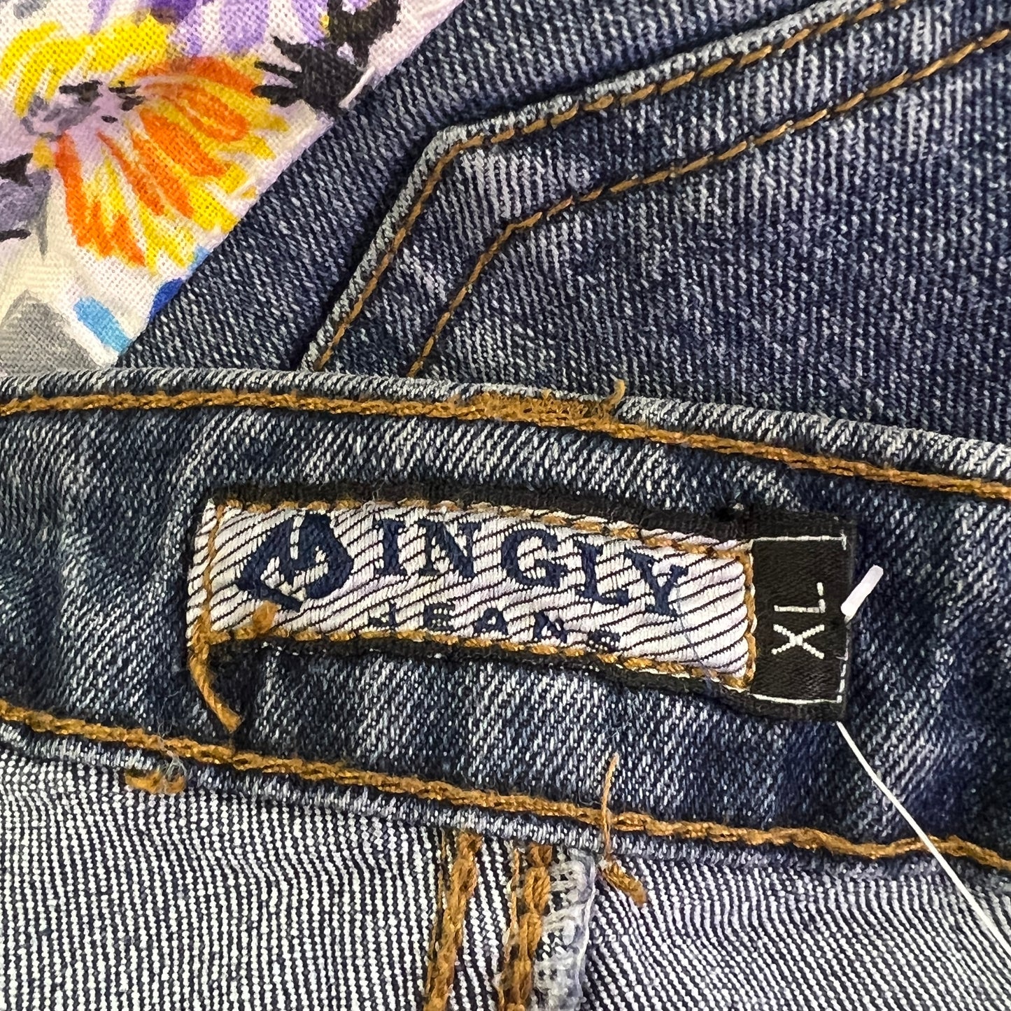 ingly 00s dark wash denim skirt with floral bottom pannel