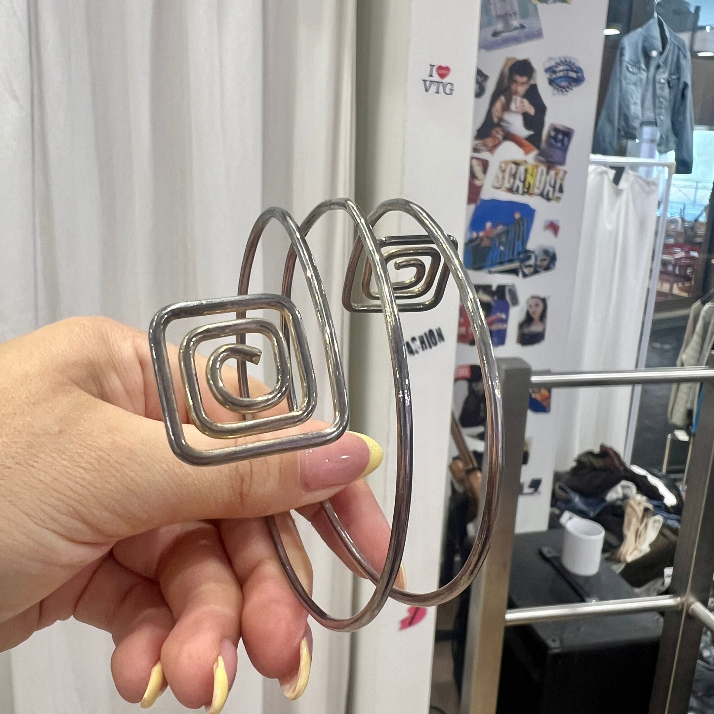 silver wire cuff bracelet with square spirals