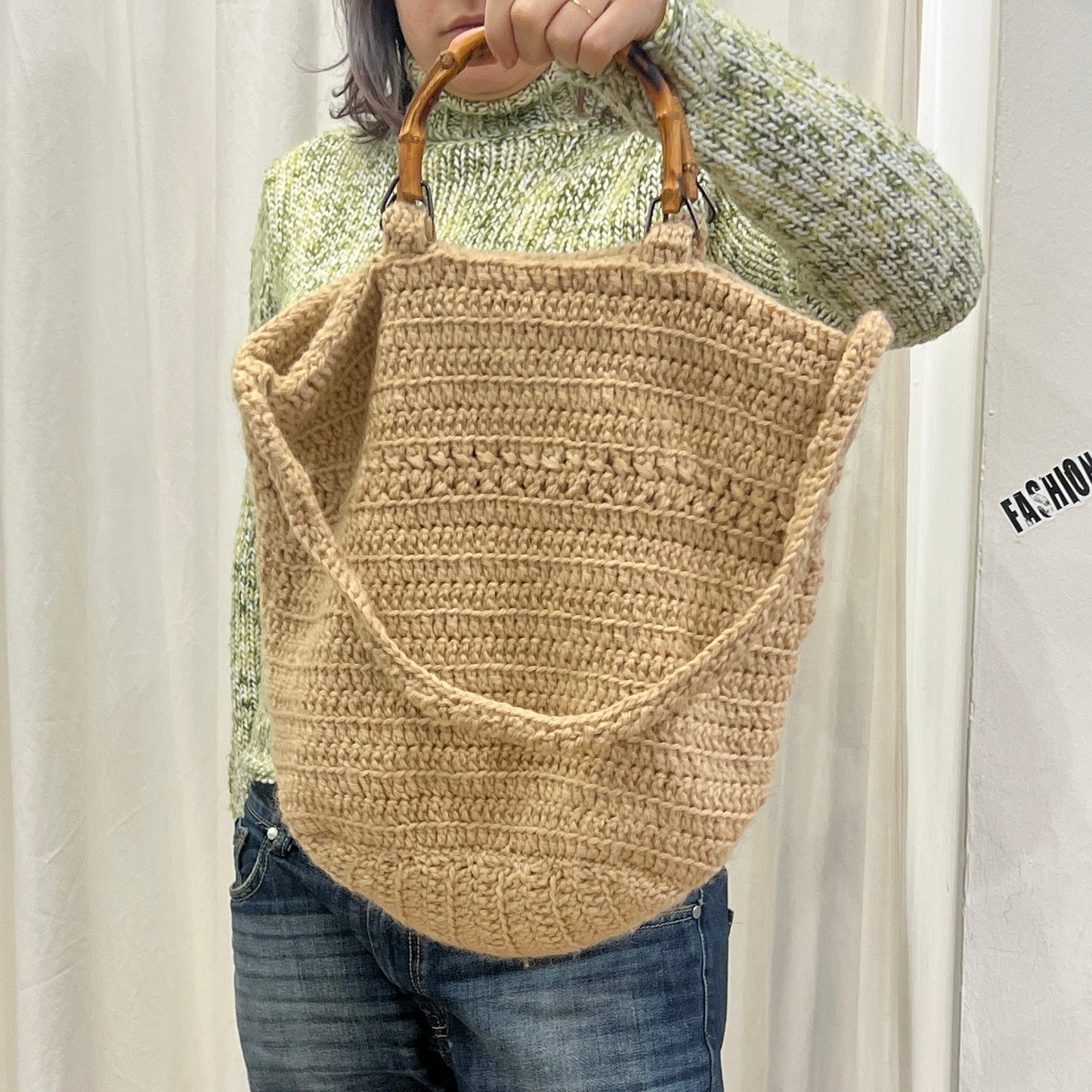 leopard 00s beige cotton crochet crossbody bag with bamboo handles