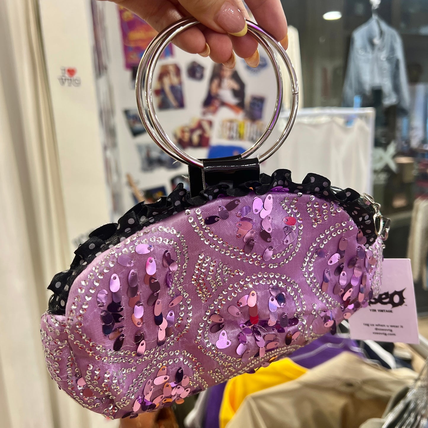 00s purple sequins mini handbag with silver rhynestones and metal hoop handle