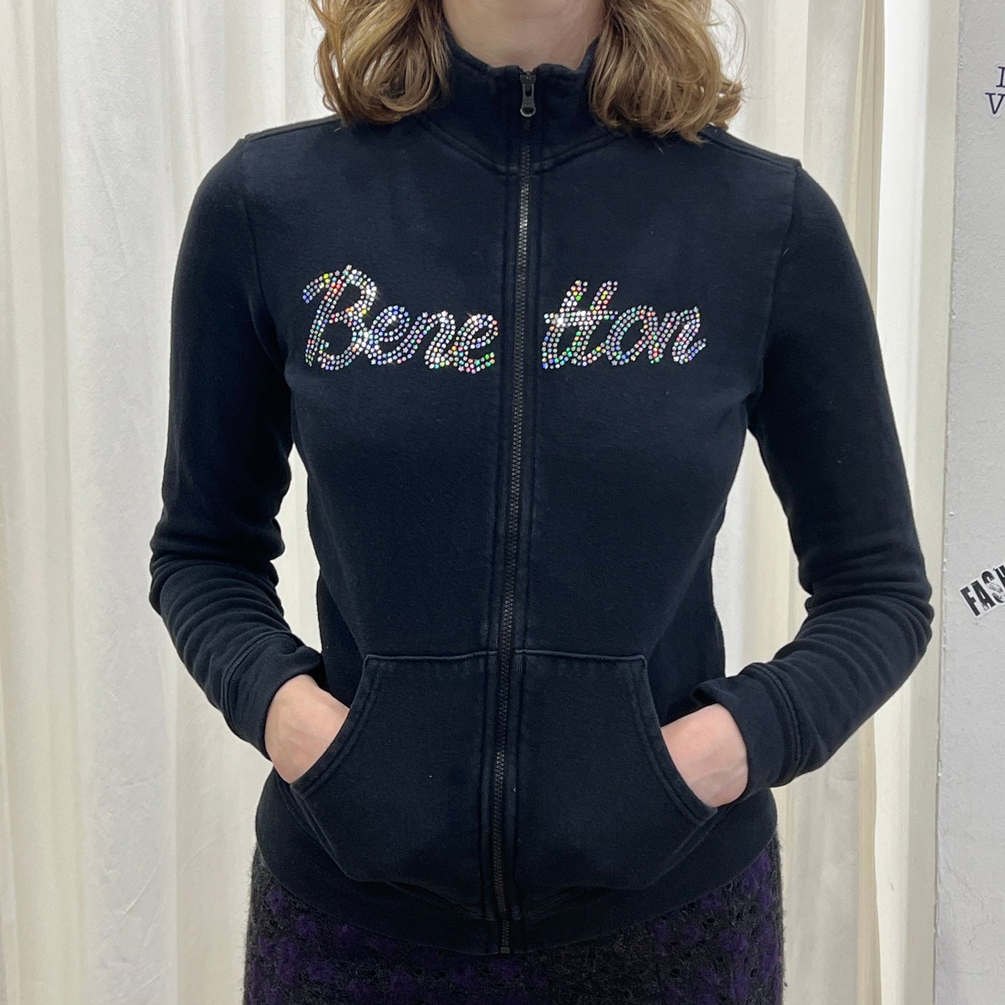 benetton 00s black zip up sweatshirt with holo glitter