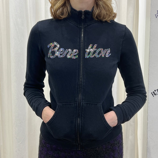 benetton 00s black zip up sweatshirt with holo glitter